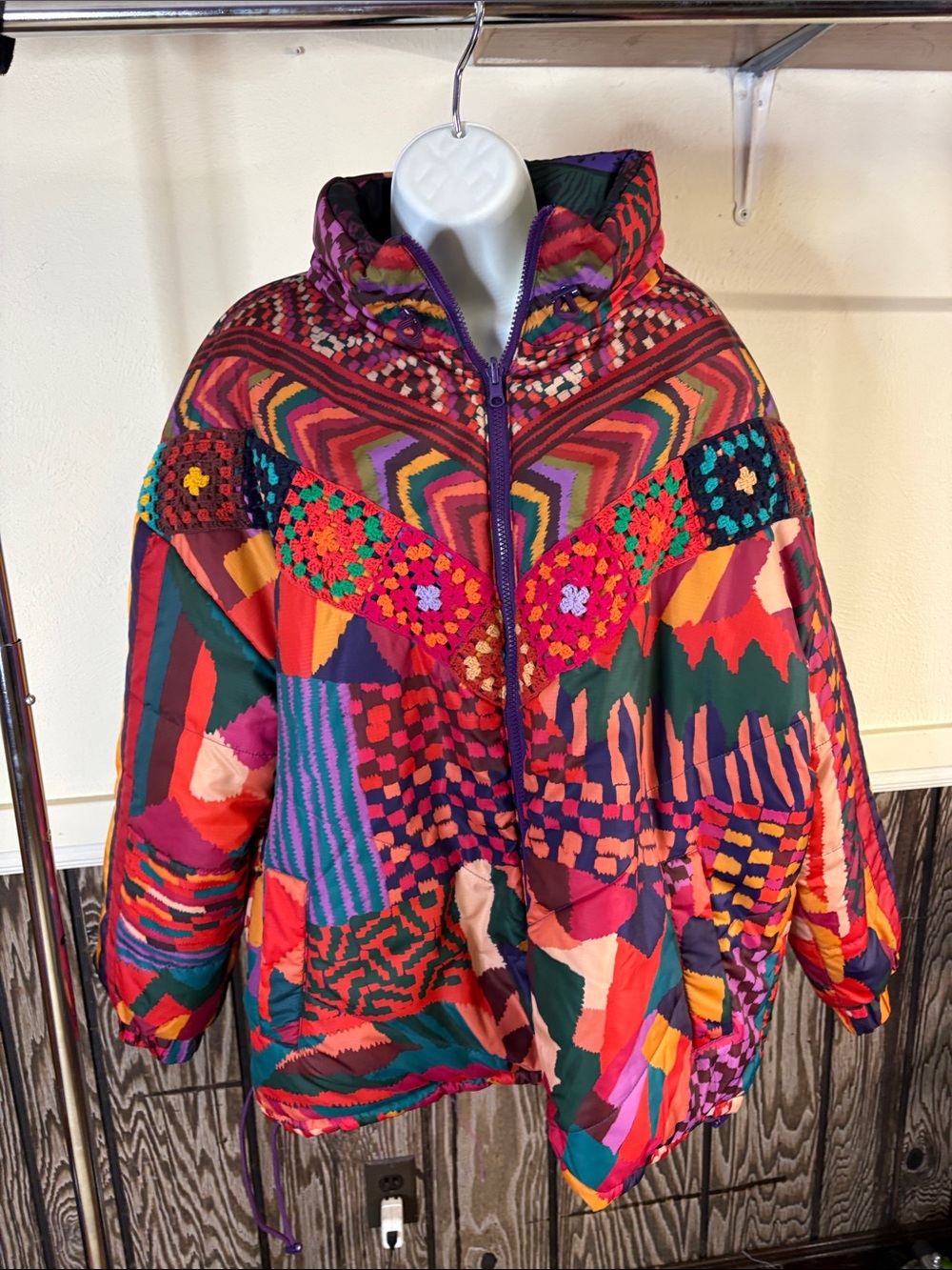 FARM Rio Vibrant Multicolor Patchwork Quilted Puffer Jacket